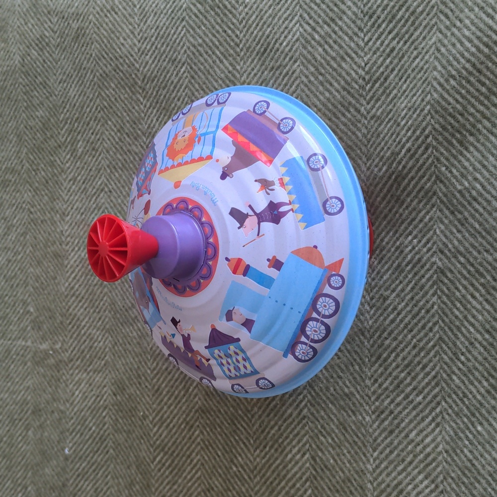 Retro Style Moulin Roty Spinning Top Circus  Theme, Heirloom Toy